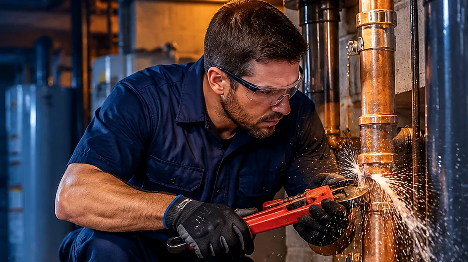 Illustrative photo of a plumber using a wrench on copper pipework